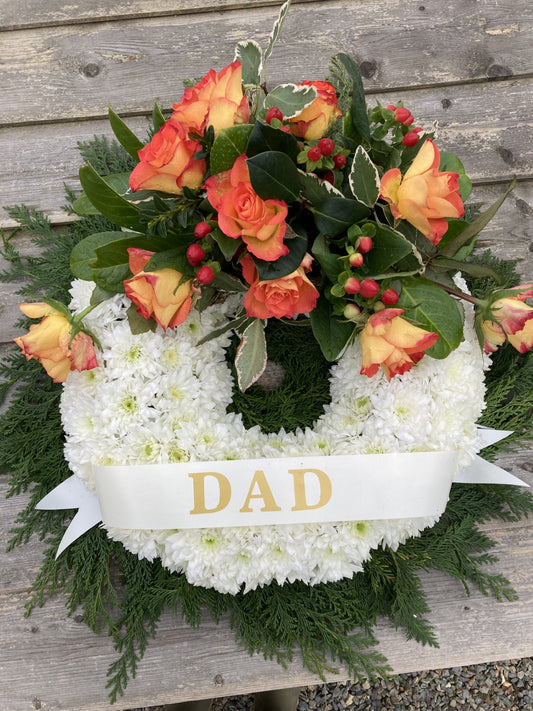 Round Wreath Funeral Tribute  - Personalised white base with flower spray