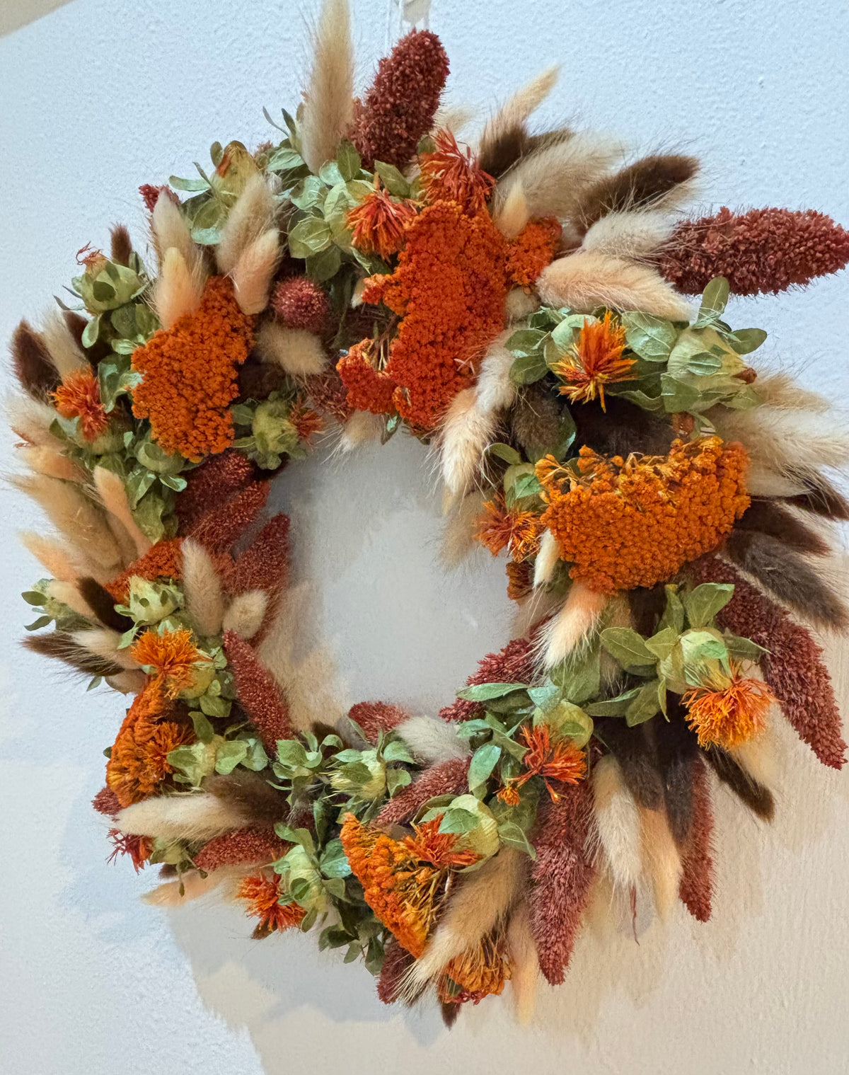 An autumn-themed dried flower wreath featuring orange thistle flowers and achellia, deep red ornamental millet pods, peach, brown and beige bunny tail grass, and green foliage, hanging against a light blue wall.