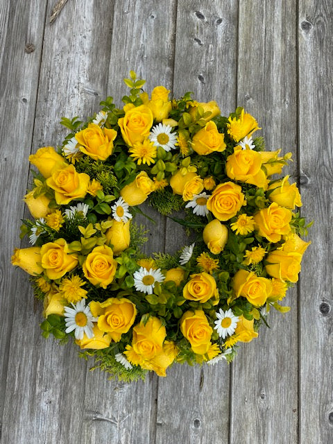 Round open mixed flower Wreath Funeral Tribute  - mixed flowers.