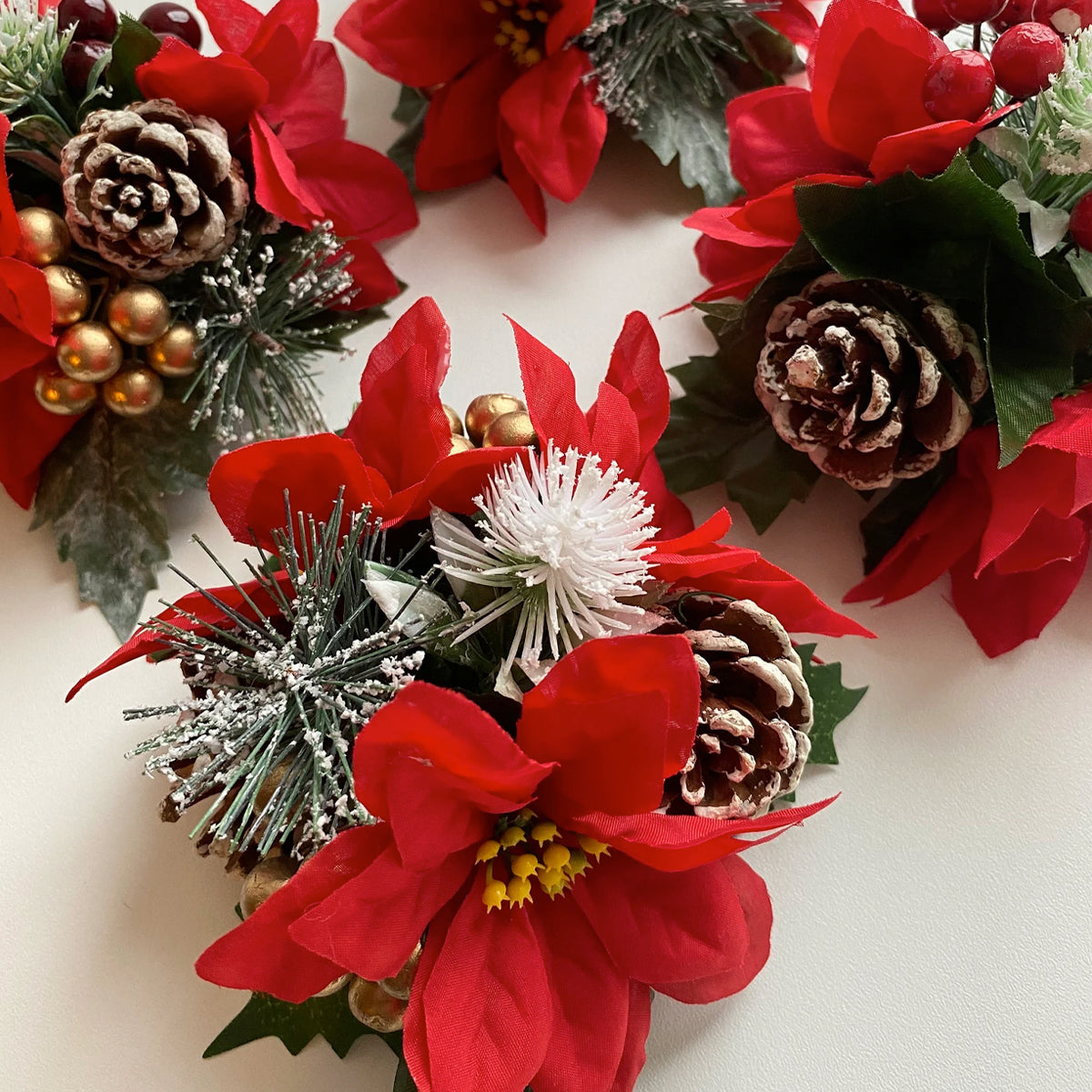 Red Silk Poinsettia flower Pine cone and gold berry Christmas Cake Topper