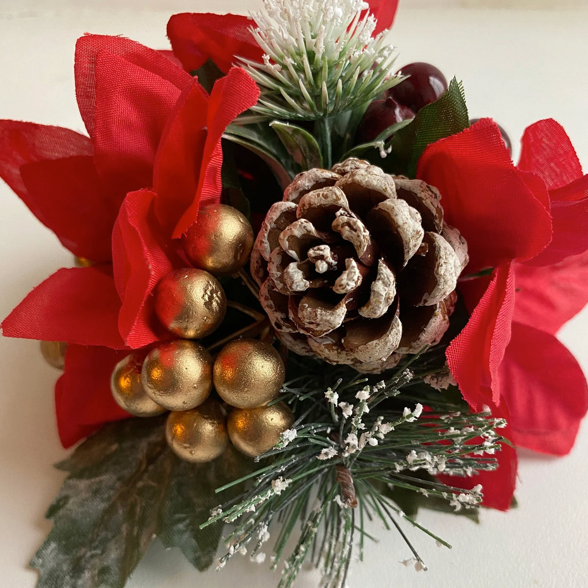 Red Silk Poinsettia flower Pine cone and gold berry Christmas Cake Topper