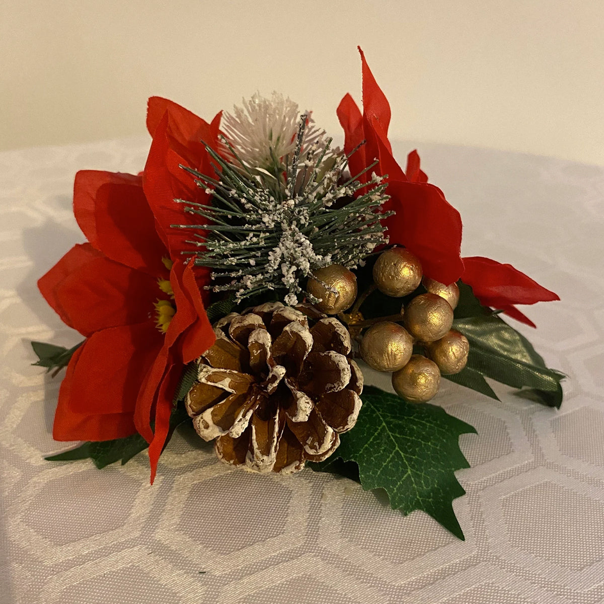 Red Silk Poinsettia flower Pine cone and gold berry Christmas Cake Topper