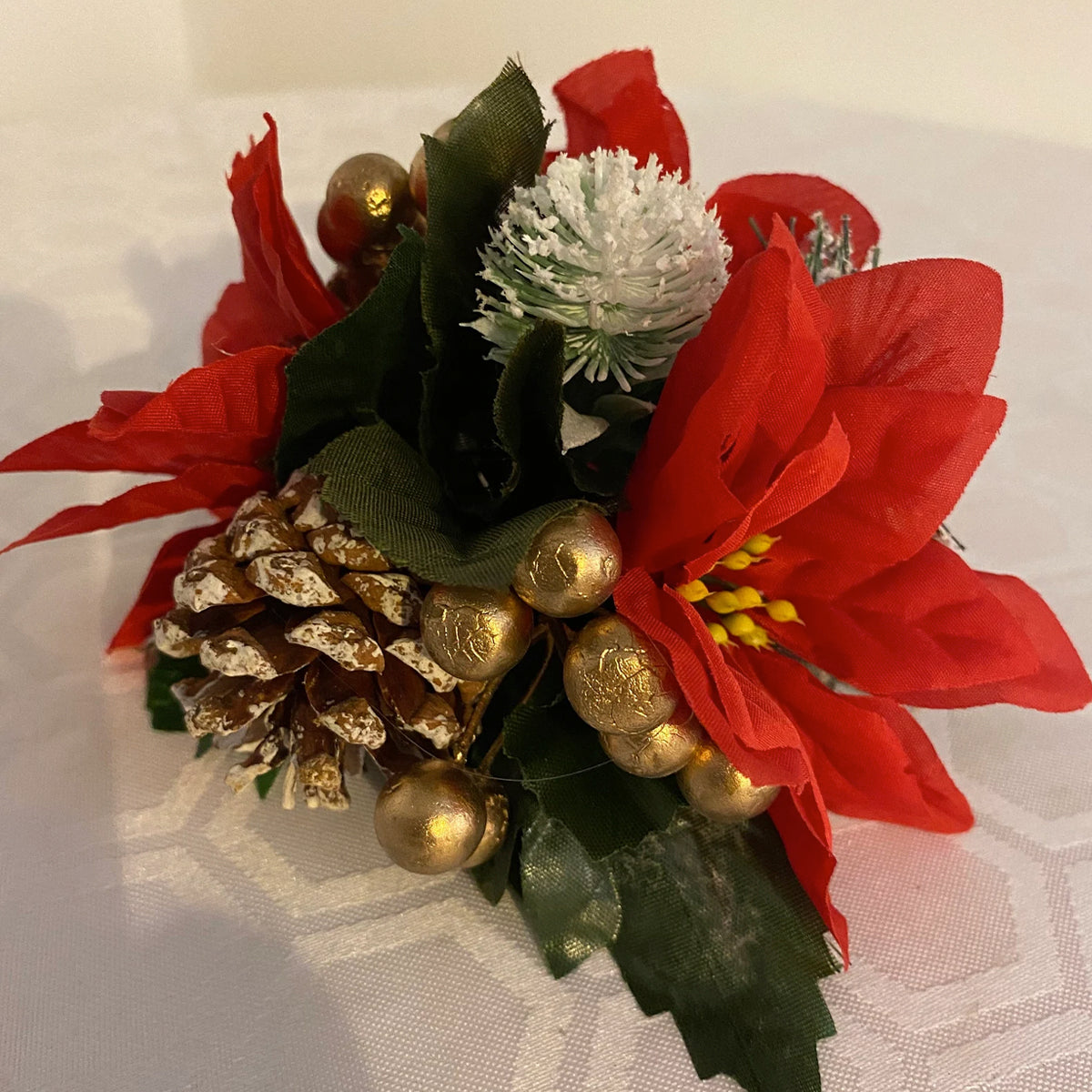 Red Silk Poinsettia flower Pine cone and gold berry Christmas Cake Topper