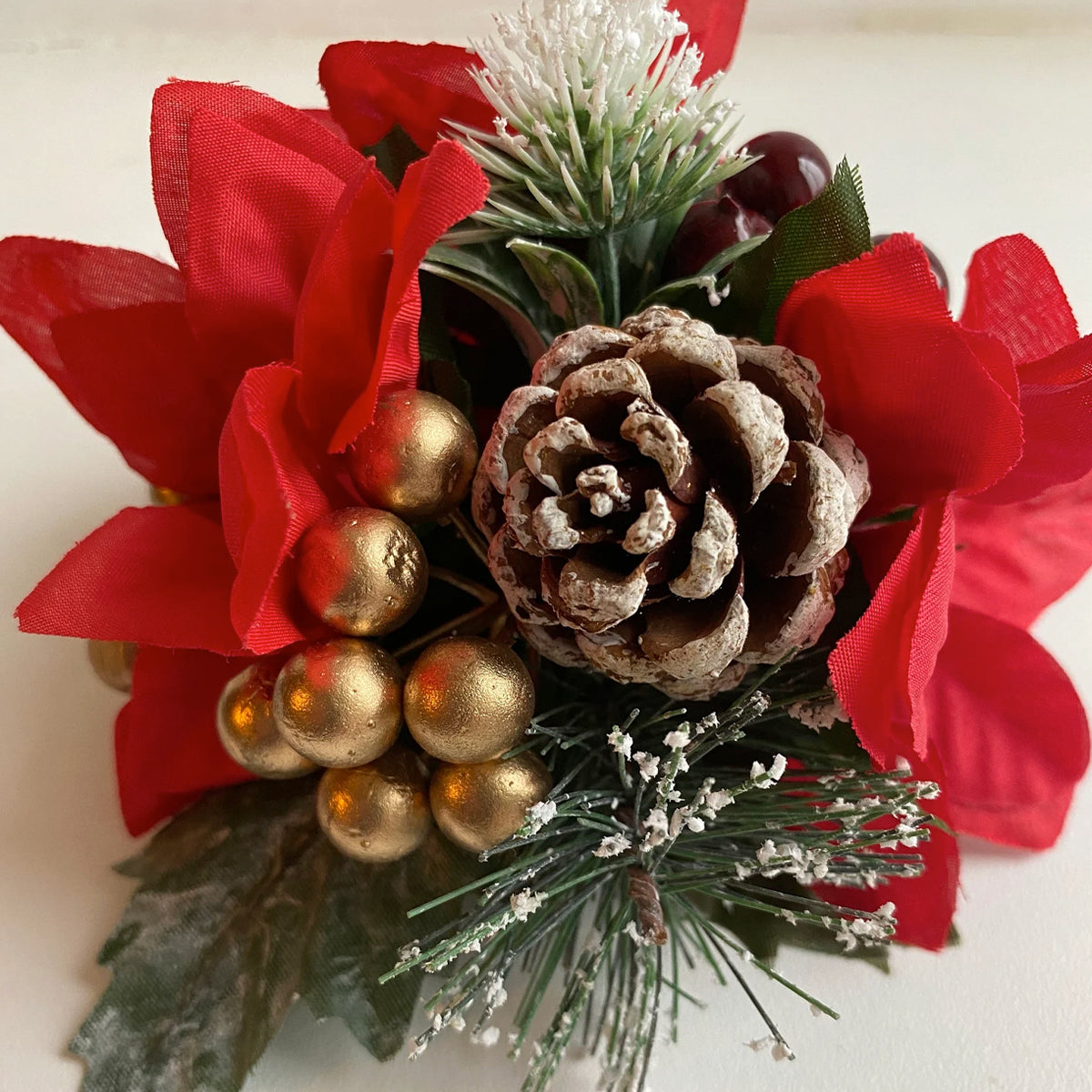 Red Silk Poinsettia flower Pine cone and gold berry Christmas Cake Topper