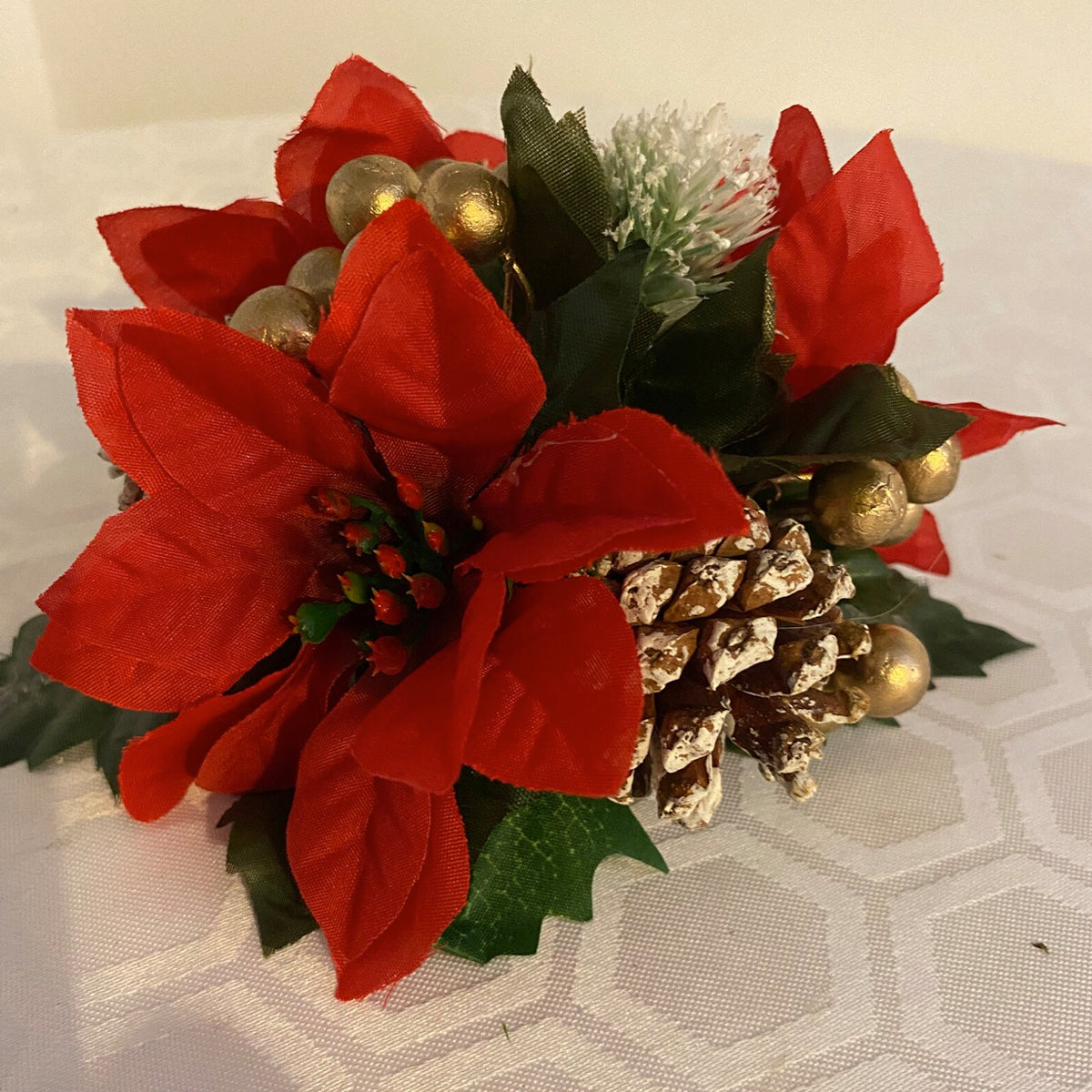 Red Silk Poinsettia flower Pine cone and gold berry Christmas Cake Topper