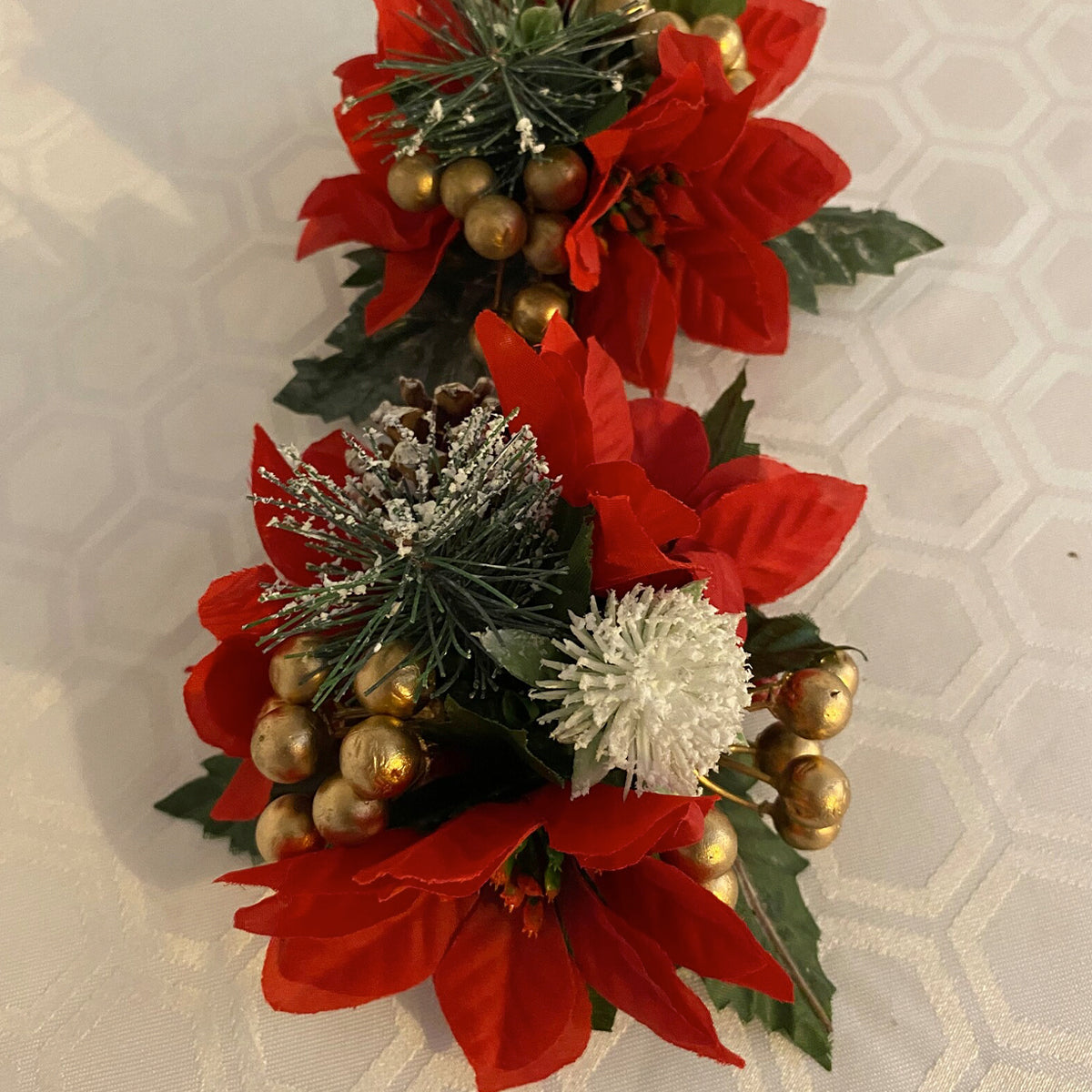 Red Silk Poinsettia flower Pine cone and gold berry Christmas Cake Topper