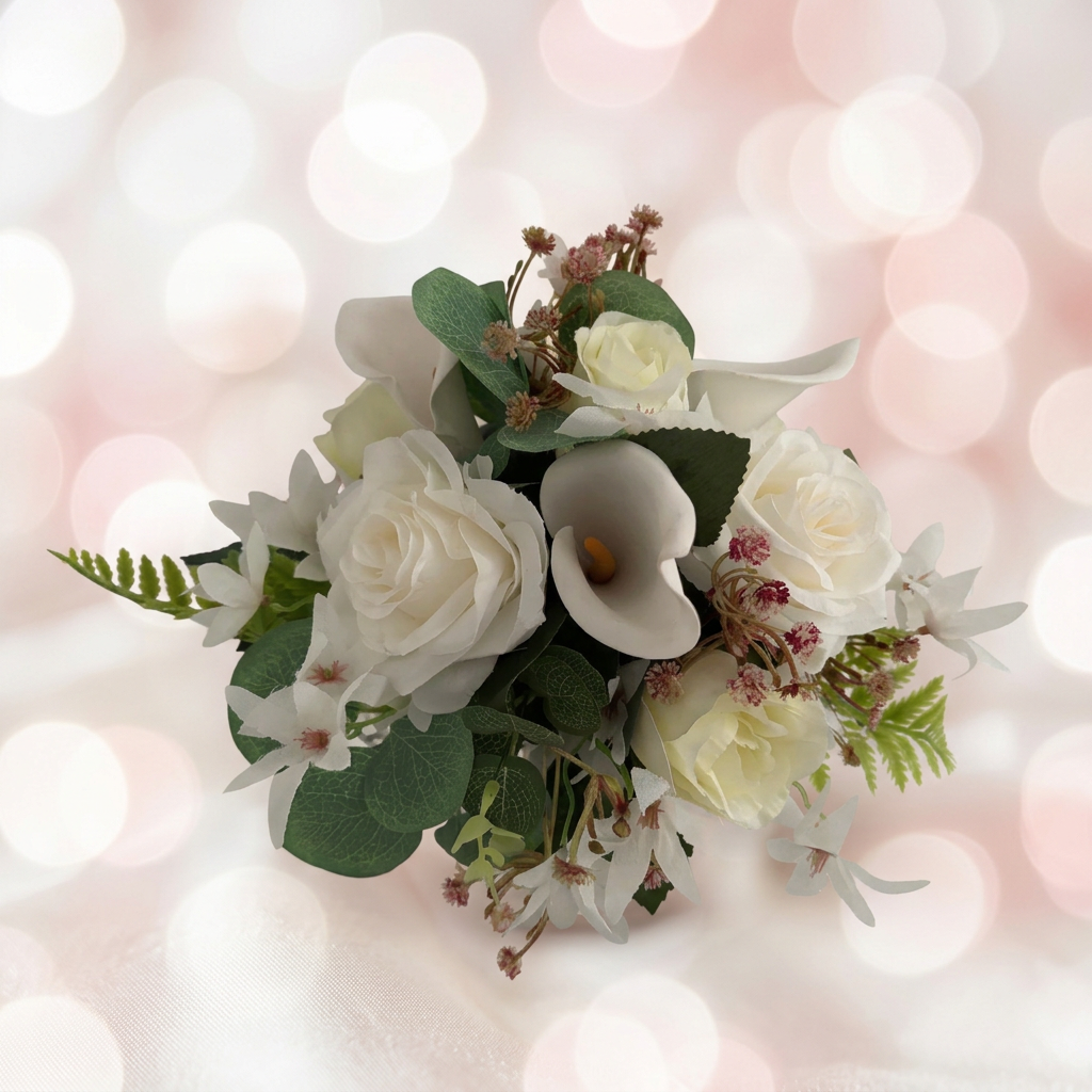 Side view of white and ivory bridal posy of roses, cala lilies and mixed greenery.