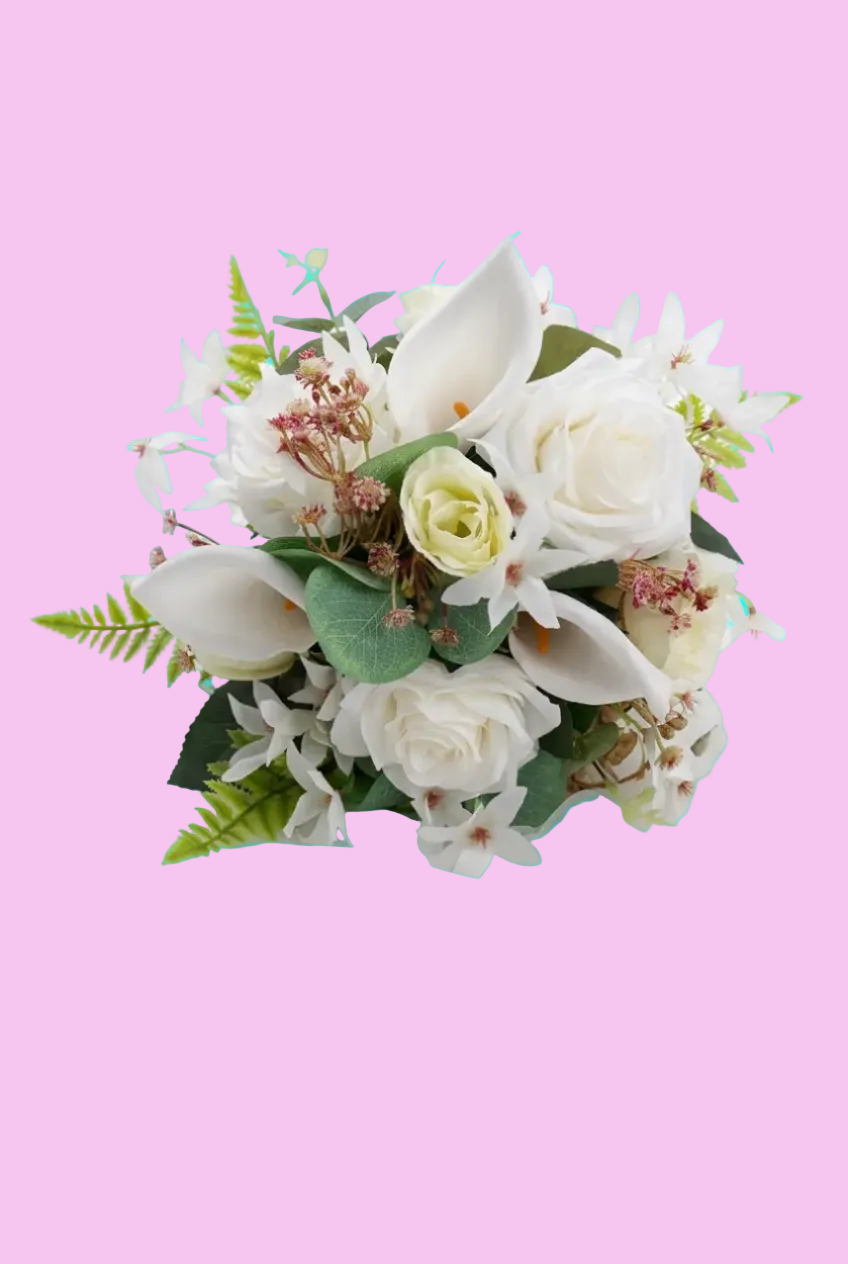 A silk artificial bridal bouquet featuring a mix of white open roses, ivory rose buds, white Cala lilies, and mixed greenery with eucalyptus leaves, arranged in a posy style with a rustic handle.