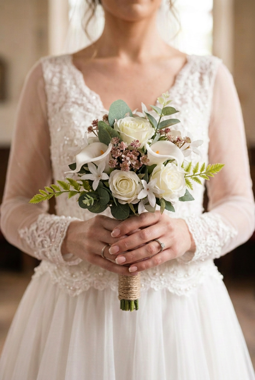 A bride in a white dress holding the hand made wedding posy of silk open white garden roses, white cala lilies, cream rose buds and eucalyptus greenery with a very tiny hint of very pale pink blossoms.