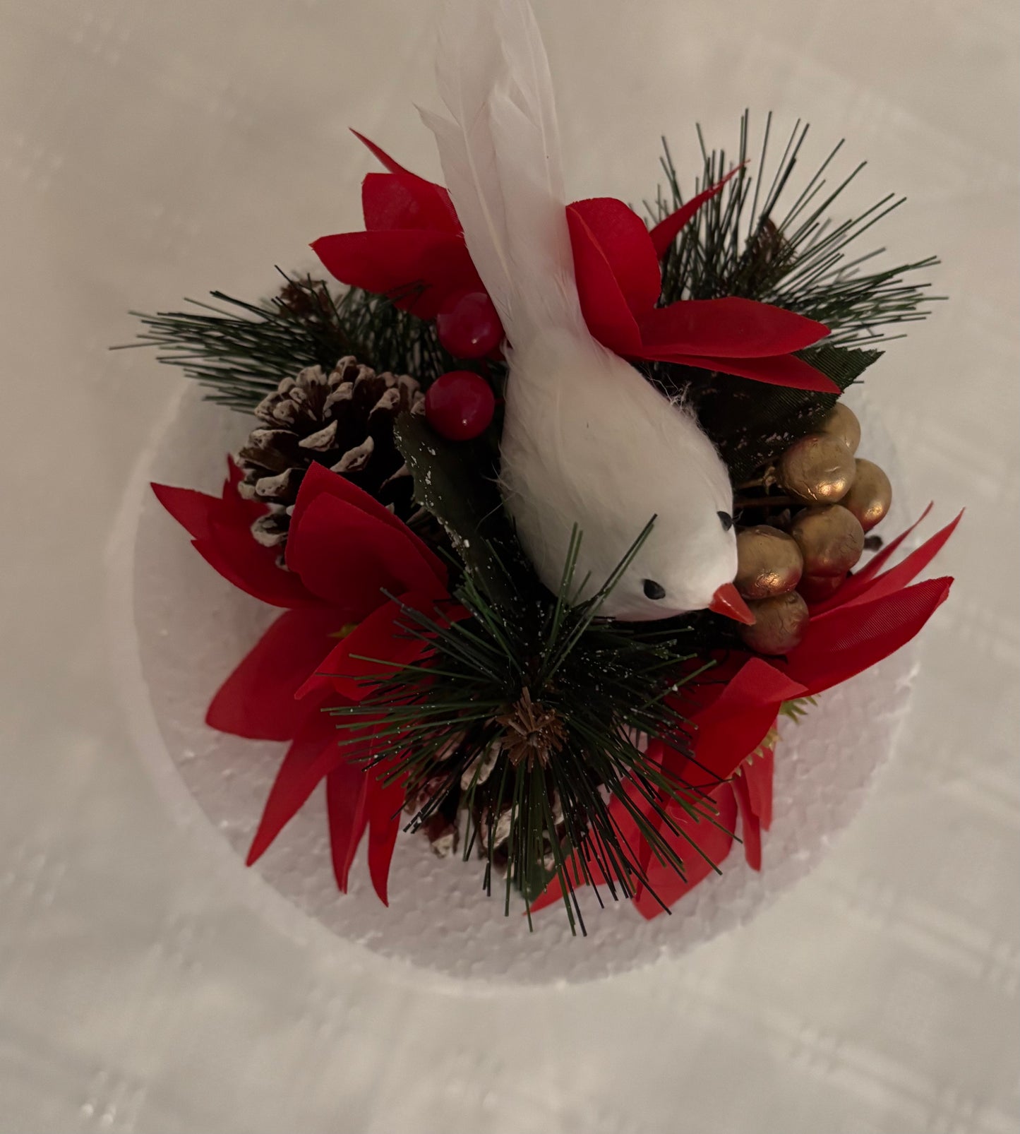 pretty white dove and artificial/silk red poinsettia festive cake topper