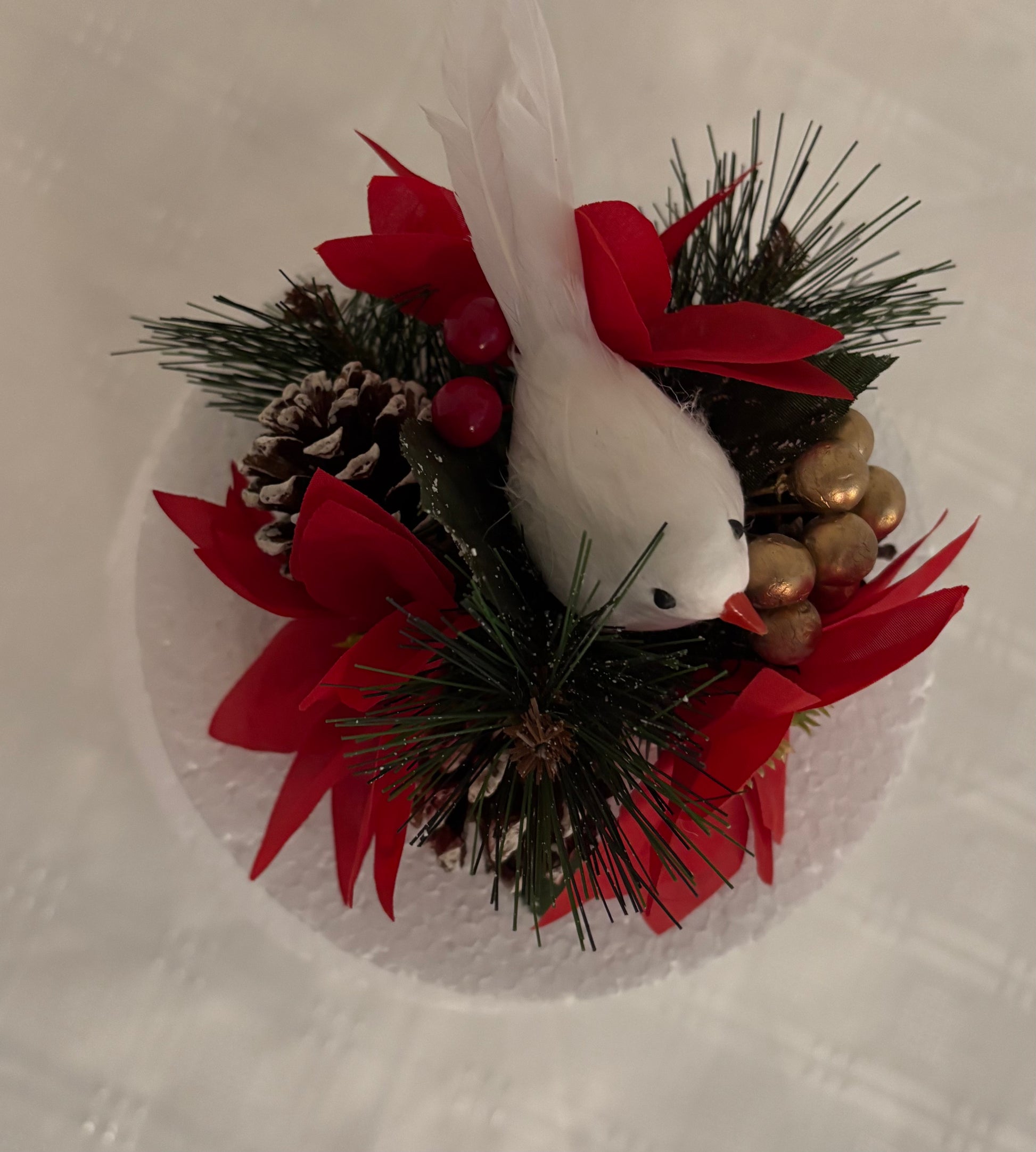 pretty white dove and artificial/silk red poinsettia festive cake topper