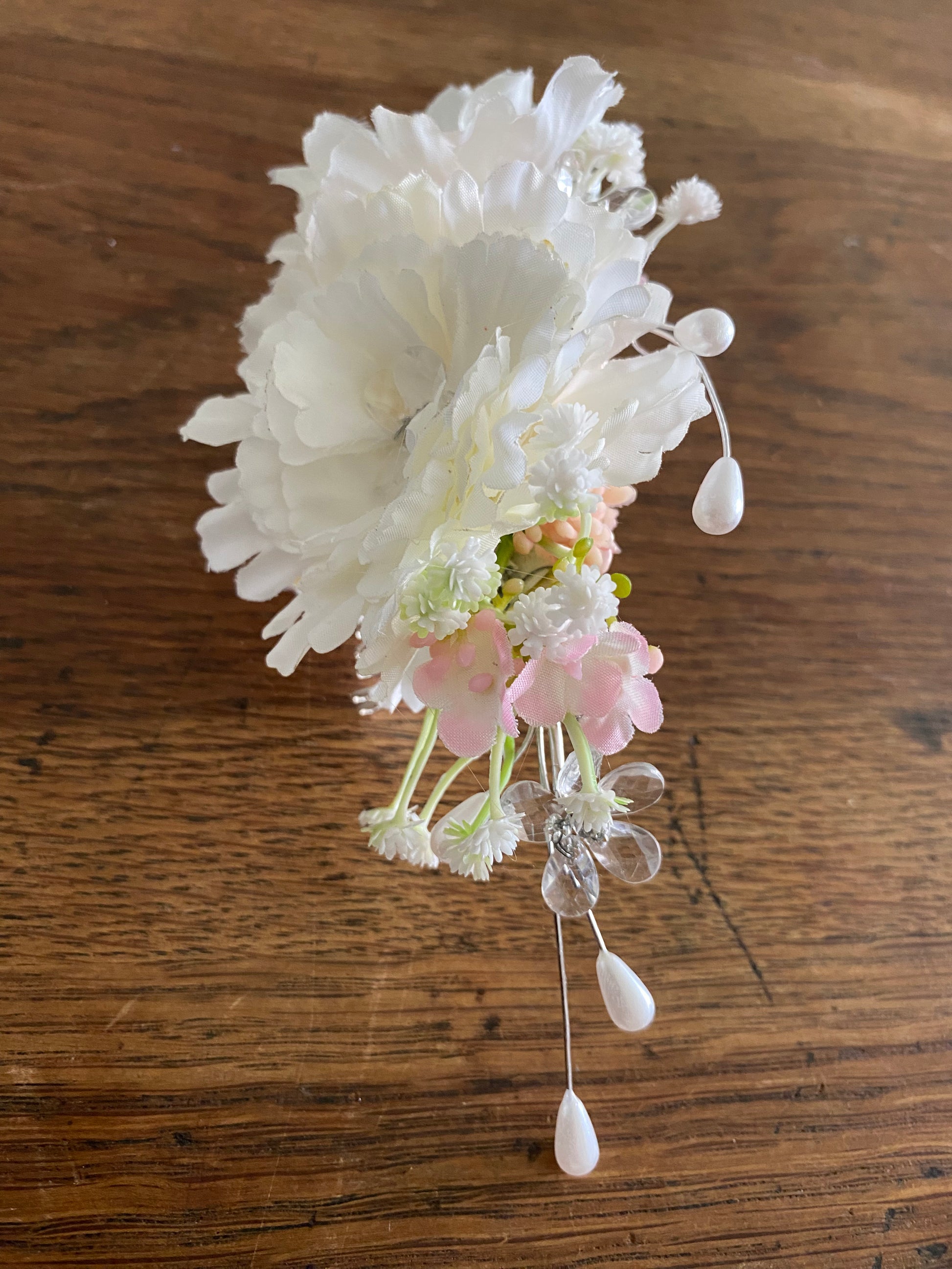 Silk flower hair comb, white with a hint of pink on silver metal comb.